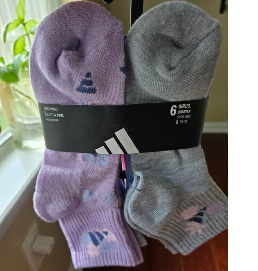 Adidas Girls' 6-Pack Athletic Cushioned Quarter Socks Multicolor Large (5Y-7Y)